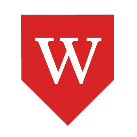 Wesleyan University Monogram: an inverted red “house” shape